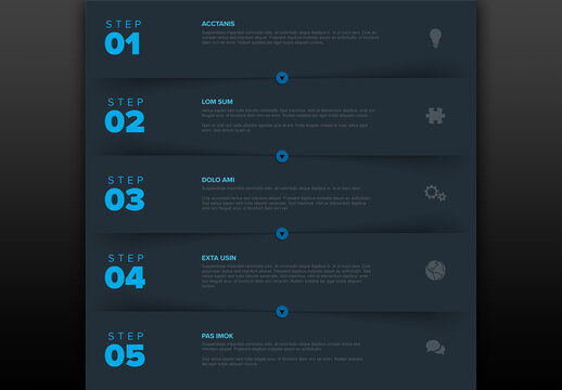 Five Dark Blue Horizontal Block Steps Progress Page Layout