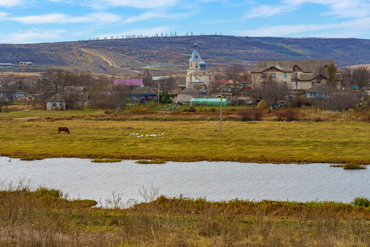 View of a village or rural type settlement. Background with copy space