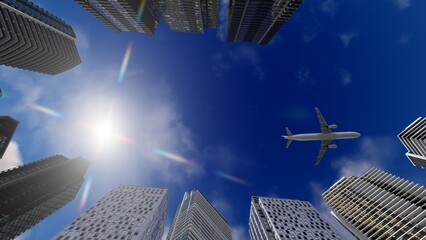 Airplane above office buildings in evening time, 3D Illustration