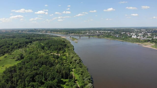 Aerial view of the railway bridge and the Vyatka river (Kotelnich, Kirov region, Russia)
