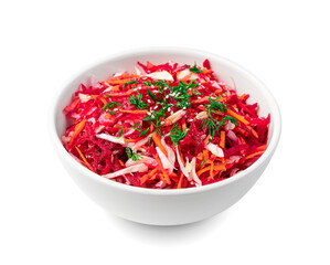 Salad with beets, cabbage, carrots and sesame isolated on a white background.