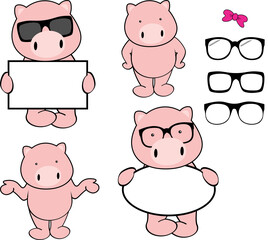 cute chibi pink pig character cartoon poses collection set in vector format