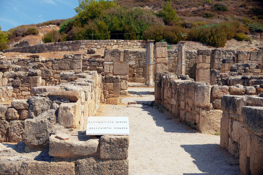 Ruins of Hellenistic houses and doric temple in ancient Kamiros archeological site Rhodes Greece