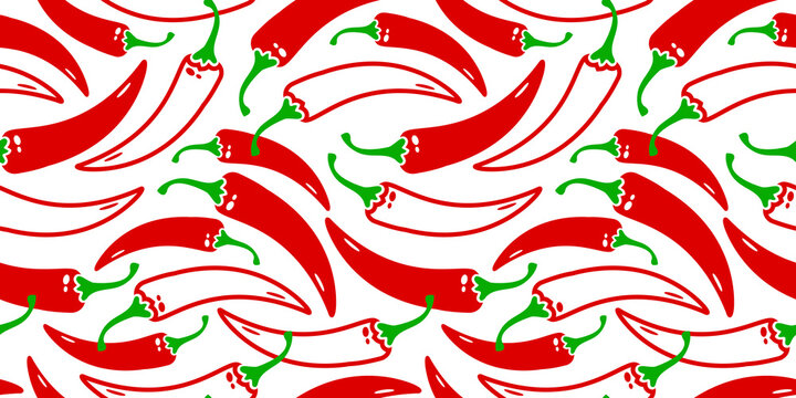 Red chili pepper seamless pattern, spisy vector background, mexican food texture, cartoon vegetable print. Kitchen spice illustration