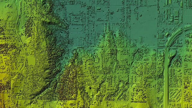 Digital elevation model. GIS product made after proccesing aerial pictures taken from a drone. It shows city urban area with roads and suburbs	
