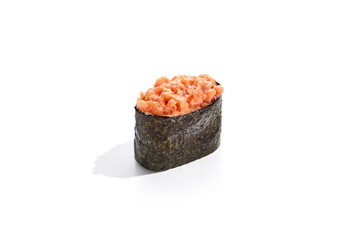 Japanese food - gunkan with salmon and spicy sauce. Salmon gunkan isolation on white background. Single gunkan on white background