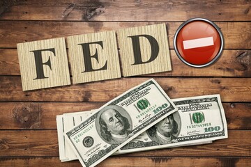 The Federal Reserve cuts low interest rates. World economy crisis, money concept