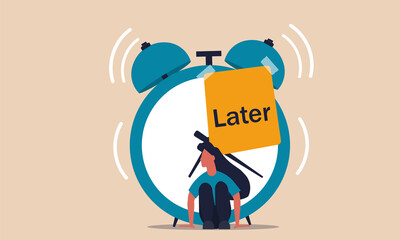 Lazy excuse and alarm clock later postpone. Motivation do unproductive and deadline time loss vector illustration concept. Later work productivity and business procrastinate. Woman character tired - obrazy, fototapety, plakaty