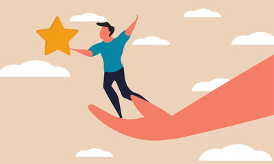 Assistance mentor and star lift overcome. Person winner business goal with hand help vector illustration concept. Coach mentoring and service inspiration people. Support employee and motivational up