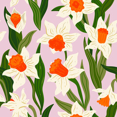 Seamless pattern with narcissus flowers. Vector graphics. - obrazy, fototapety, plakaty