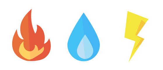 A set of fire, water, and lightning icons. Vectors.