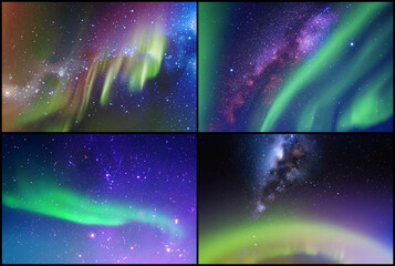 Aurora borealis and Milky Way. Nebula and stars. Space background set
