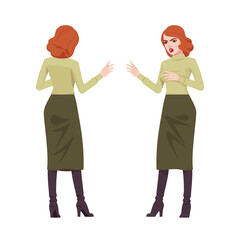 Red haired secretary woman, attractive redheaded business lady talking. Office work outfit, young elegant businesswoman. Vector flat style cartoon character isolated on white background, front, rear