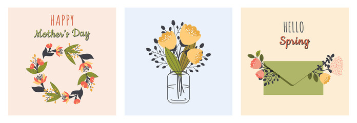 Fototapeta premium A set of greeting cards for Mother's Day, March 8, spring holiday. Floristic template, design. Beautiful colorful flowers in vase, floral wreath, envelope with flowers. Vector cartoon illustration