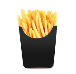 French fries in a black paper box isolated on white background.