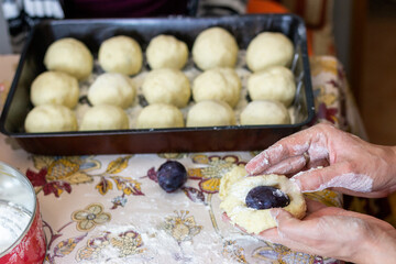 A mother makiing plum dumplings for her family. A preparation of dumpling, made of wheat flour with plum inside.