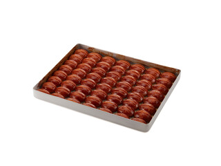 Traditional Turkish dessert. Sekerpare on white background.