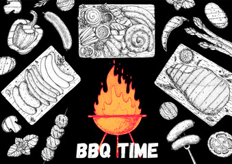 Bbq grill food sketch. Menu design template. Grilled meat and vegetables frame. Vector illustration. Engraved design. Hand drawn illustration.