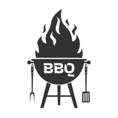 barbecue grill symbol, kettle grill with flames, fork and spatula, vector illustration