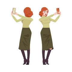 Red haired secretary woman attractive redheaded business lady taking selfie. Office work outfit young elegant businesswoman. Vector flat style cartoon character isolated on white background front rear