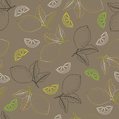 Seamless pattern with lemons and lemon slices on a brown background.