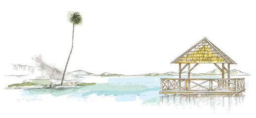 Fototapeta na wymiar Hand-drawn sketch of wooden gazebo with palm tree on the water in pastel colored isolated on white background.