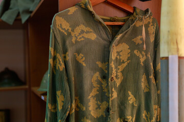 Vintage soviet uniform with selective focus. Background with copy space