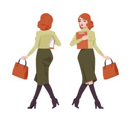 Red haired secretary woman, attractive redheaded business lady walking. Office work outfit, young elegant businesswoman. Vector flat style cartoon character isolated on white background, front, rear