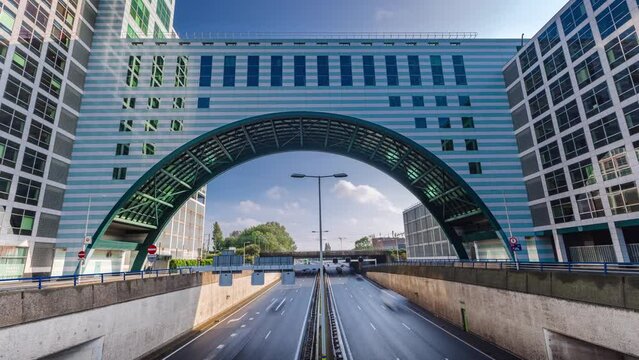 Day Time Lapse with traffic flow on highway in The Hague, The Netherlands
