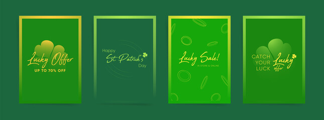 Happy Saint Patrick's Day Design template set with green background, clover, shamrock and golden coins. Layout for banner, poster, brochure, sale card, promotion post.