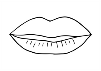 Sexy plump lips kiss isolated line art. Doodle beautiful woman lips. Beauty element in minimal line style. Vector illustration for card, poster, modern design. Feminism concept.