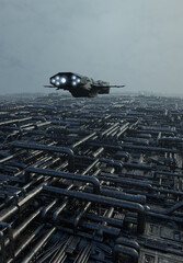 Spaceship Flying Over a Massive Industrial Zone, 3d digitally rendered science fiction 