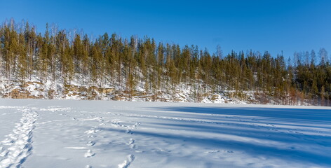 Obraz premium Winter landscape with frozen and snow-covered lake, trees and blue sky in winter