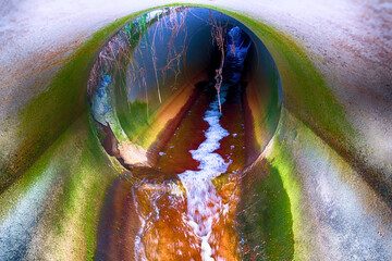 Brown swamp water full of organic substances flows down the pipe and forms a plentiful foam,...