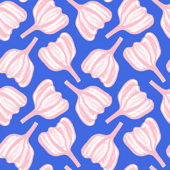 Vector garlic pattern seamless. Allium drawing for Oil packaging, dried spices label, banner design. Rural food concept, rustic decor. Vegan background. Vegetarian wallpaper. Organic garlic ornament.