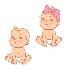 Little baby boy and girl in diaper siting. - obrazy, fototapety, plakaty