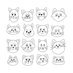 Set of 16 beautiful cats, on a white background. Cute cats. Coloring for children. All objects are separated. Vector illustration. Hand drawn. Vector illustration.
