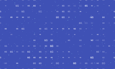 Seamless background pattern of evenly spaced white 6G symbols of different sizes and opacity. Vector illustration on indigo background with stars