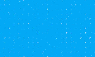Seamless background pattern of evenly spaced white figure skating symbols of different sizes and opacity. Vector illustration on light blue background with stars