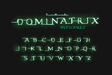 Futuristic broken alphabet with green glow for hacker titles. Vector typography illustration