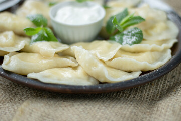 Dumplings with beef on a plate. Vareniki with cheese, sprinkled with powdered sugar and decorated with mint, as well as with sour cream