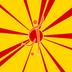 Football soccer symbol on a background of red flash explosion radial lines. A large orange symbol is located in the center of the sunrise. Vector illustration on yellow background