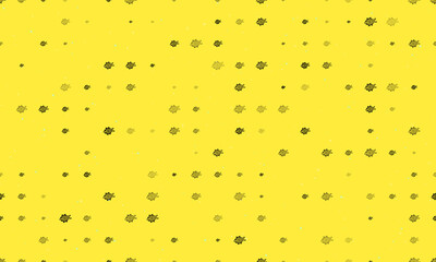 Seamless background pattern of evenly spaced black digital tech symbols of different sizes and opacity. Vector illustration on yellow background with stars