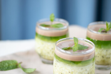 jelly with kiwi, chocolate and coconut decorated with mint