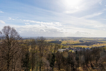 View over the Allgäu near Leutkirch on a sunny day with blue sky