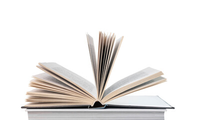 Open book lying at books stack isolated on white background. Reading and turning pages. Education and intellectual development concept. High quality photo
