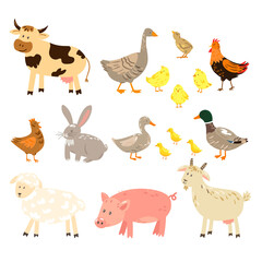 Vector set of farm animals and birds