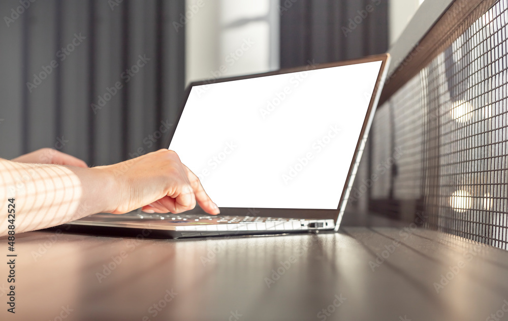 Poster woman hands closeup typing on laptop keyboard. woman using computer mockup for work, study, social c