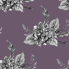 Seamless textile black and white botanical pattern with graphic drawing of hydrangea flowers on dark for textile and surface design