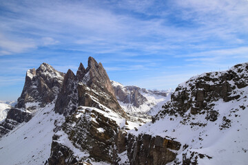 Snowy Seceda mountain in the italian Dolomites